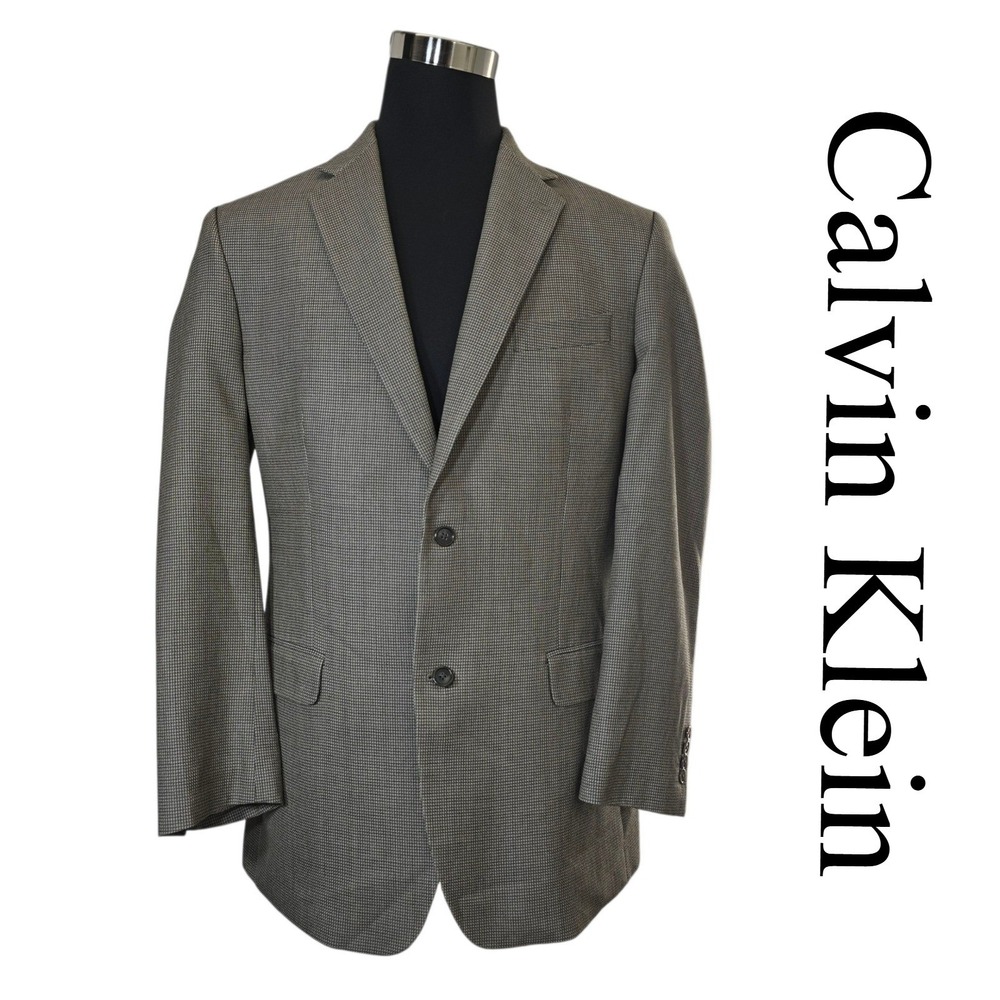 Calvin Klein 41L Blazer Jacket Silk Wool Gray Houndstooth‎ Two Button Academia